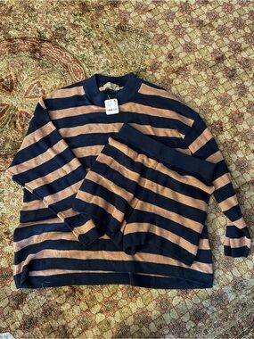 Free PeopleStriped Navy and Tan Knit Sweater Set